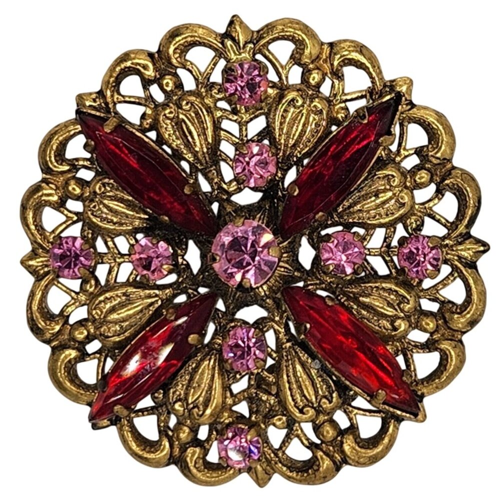 Vintage Austrian Filigree Brooch with Pink & Red Rhinestones, Signed Made in Aus